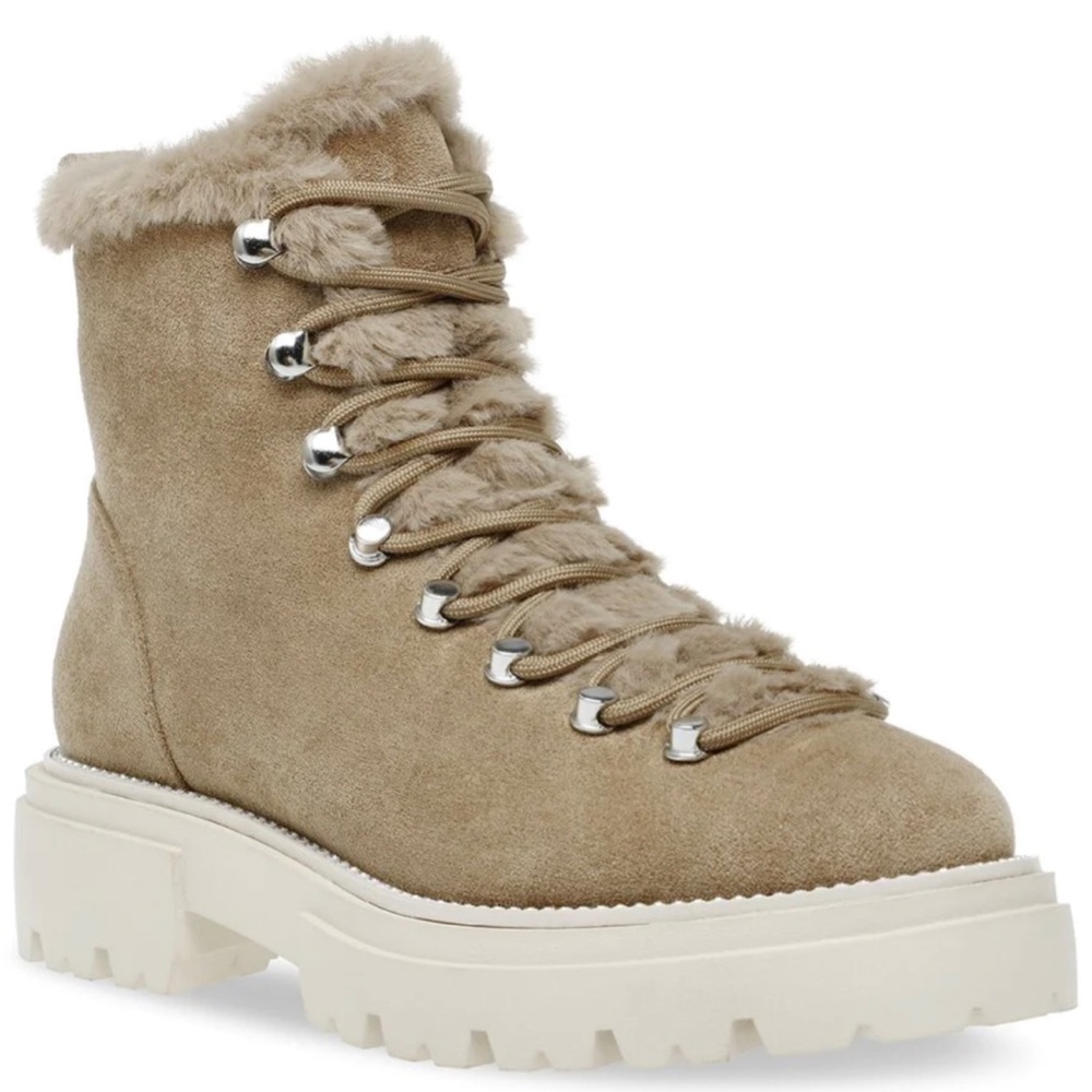 STEVEN by Steve Madden Aricia Suede Faux Fur Lace Up Winter Boots taupe